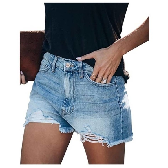 FOLIVORA Women's Denim Shorts Distressed Frayed Hem Blue NWT - Picture 6 of 10
